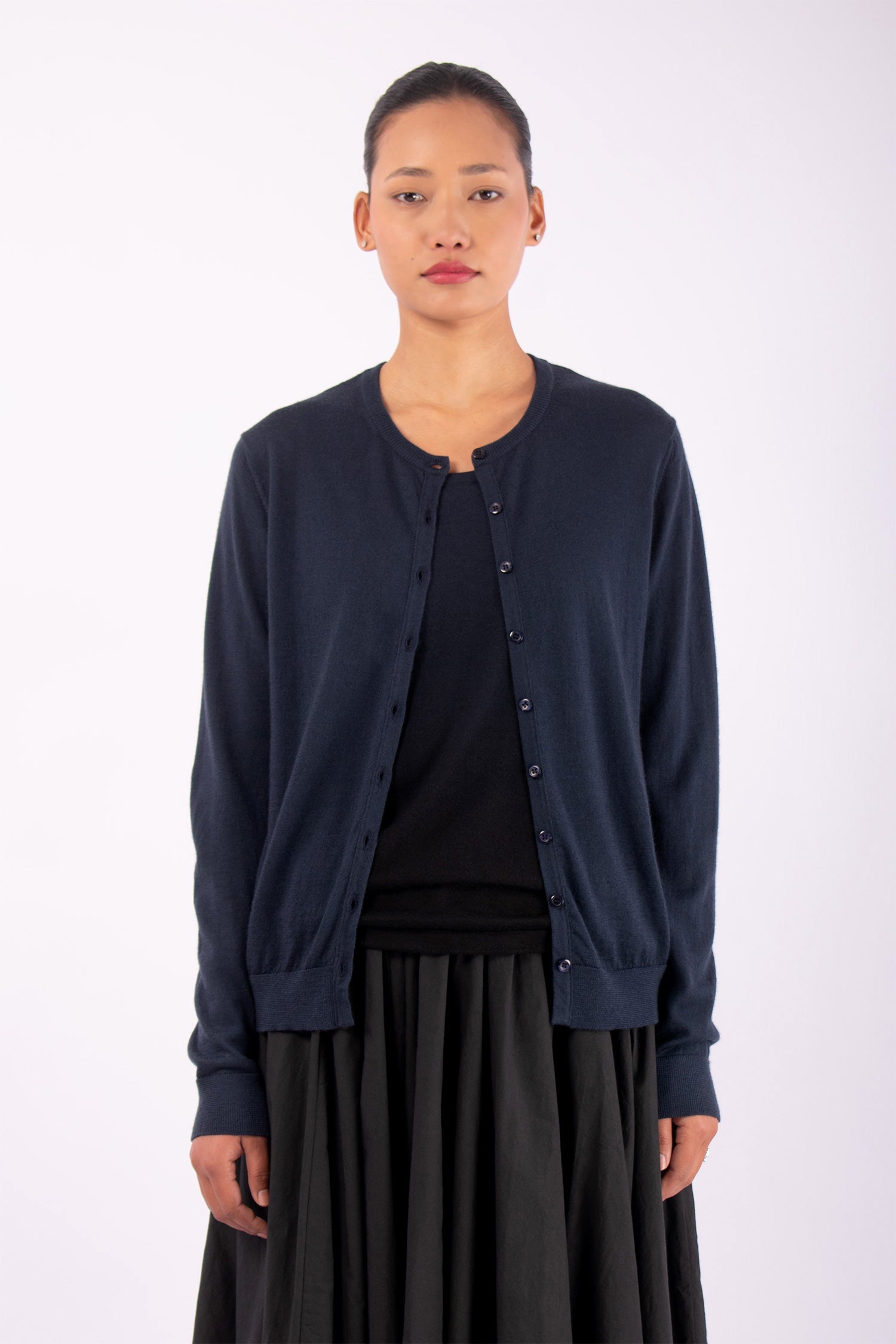 #1403 Crewneck Cardigan in Superfine Merino- Dark Space — Lars Andersson hand-loomed knitwear