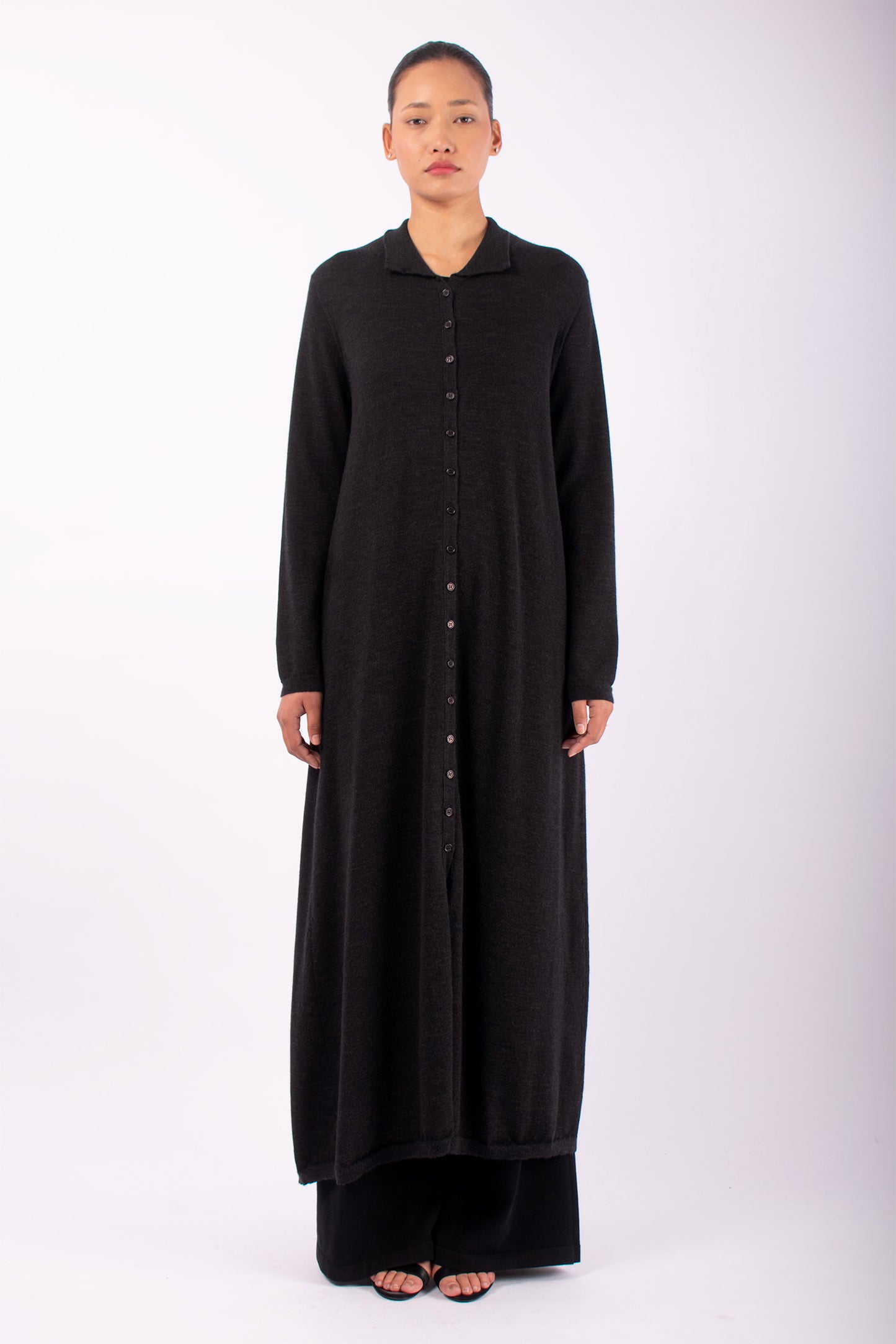 #1405 Long Cardigan in Superfine Merino and Cashmere- Charcoal — Lars Andersson hand-loomed knitwear