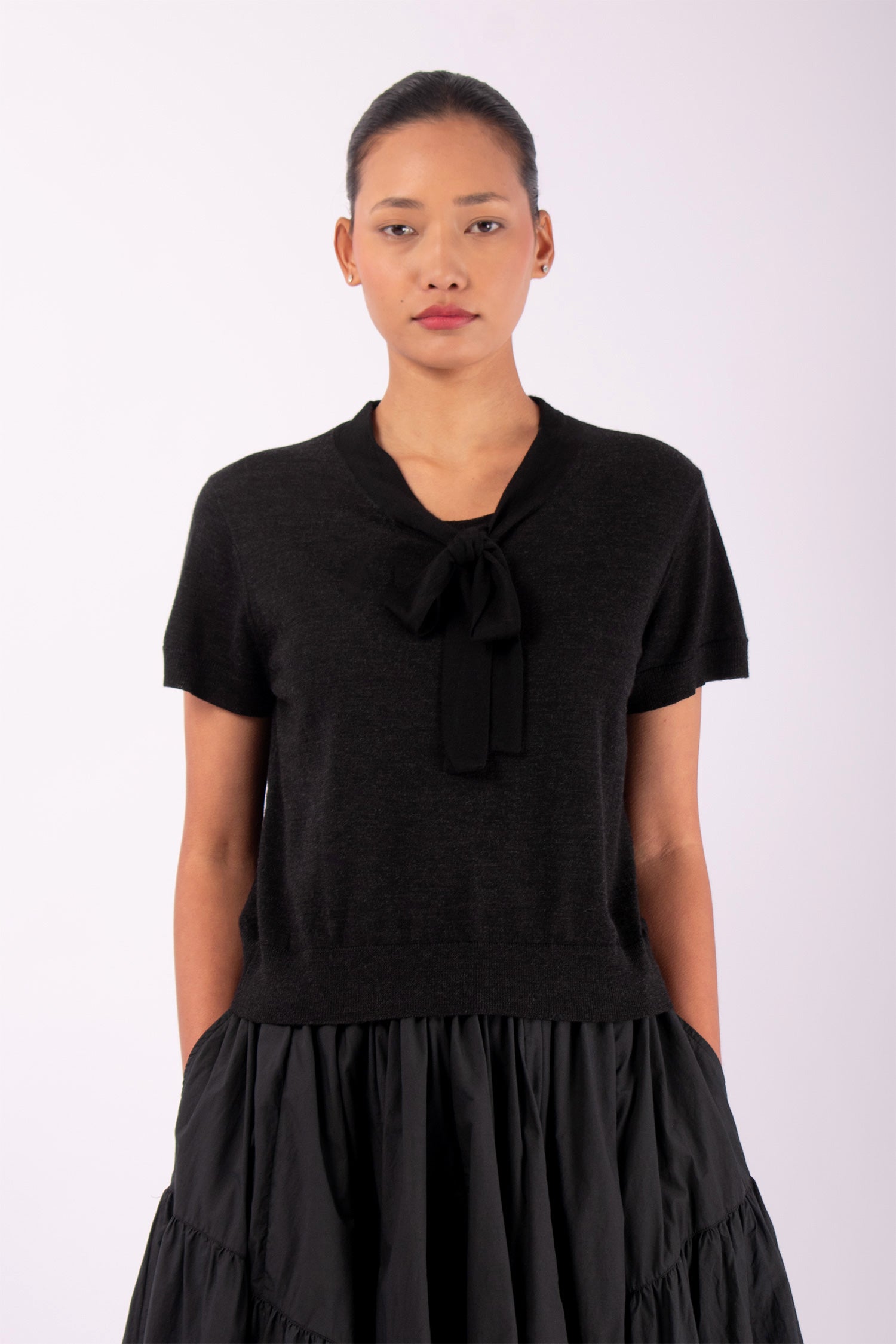#1406 Short Sleeve Top With Neck Tie in Superfine Merino- Charcoal — Lars Andersson hand-loomed knitwear
