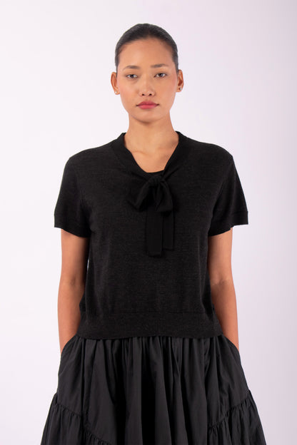 #1406 Short Sleeve Top With Neck Tie in Superfine Merino- Charcoal — Lars Andersson hand-loomed knitwear