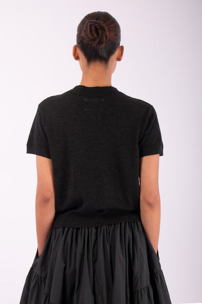 #1406 Short Sleeve Top With Neck Tie in Superfine Merino- Charcoal — Lars Andersson, view 3