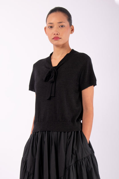 #1406 Short Sleeve Top With Neck Tie in Superfine Merino- Charcoal — Lars Andersson, view 2