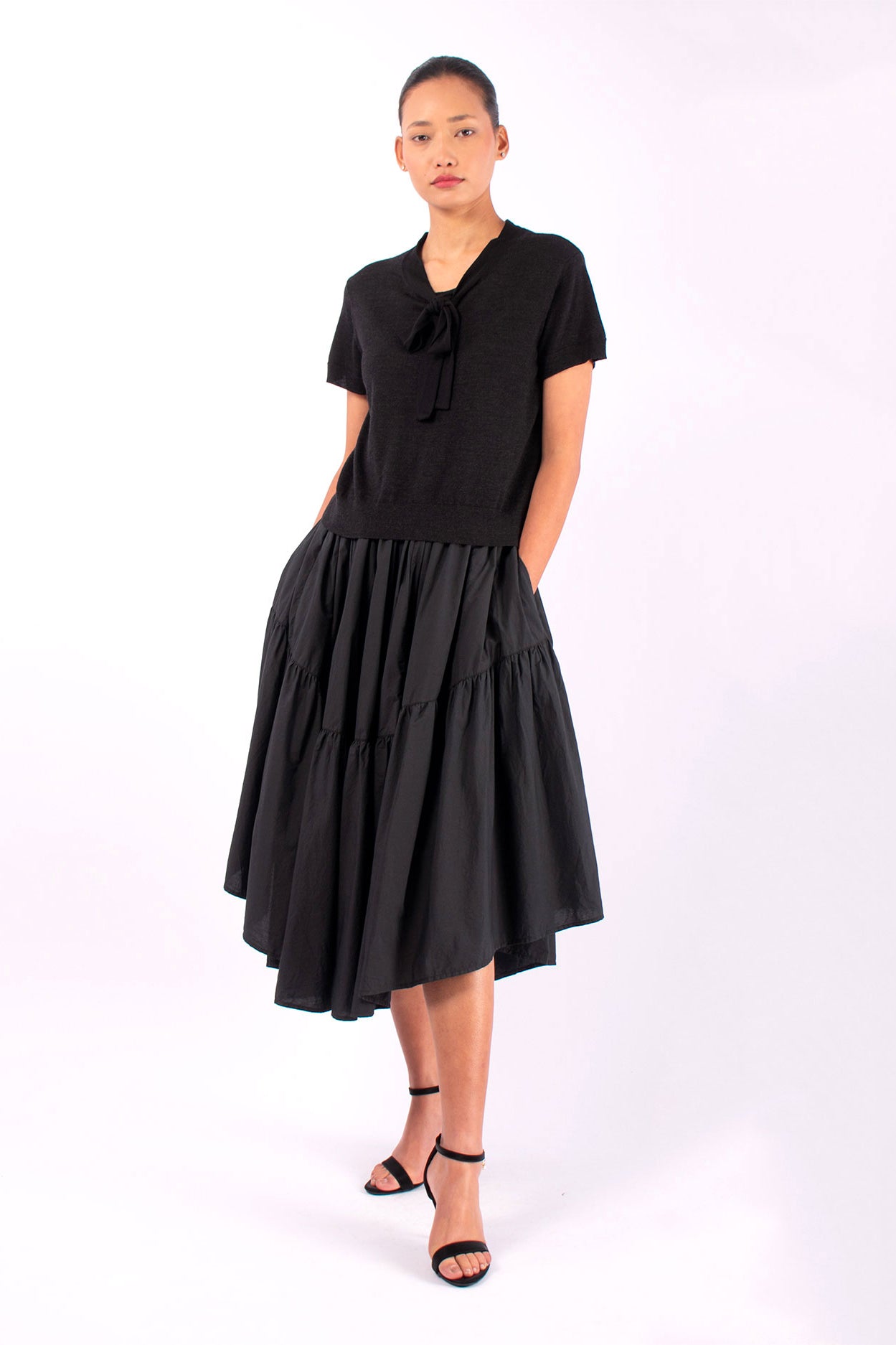 #1406 Short Sleeve Top With Neck Tie in Superfine Merino- Charcoal — Lars Andersson, view 5