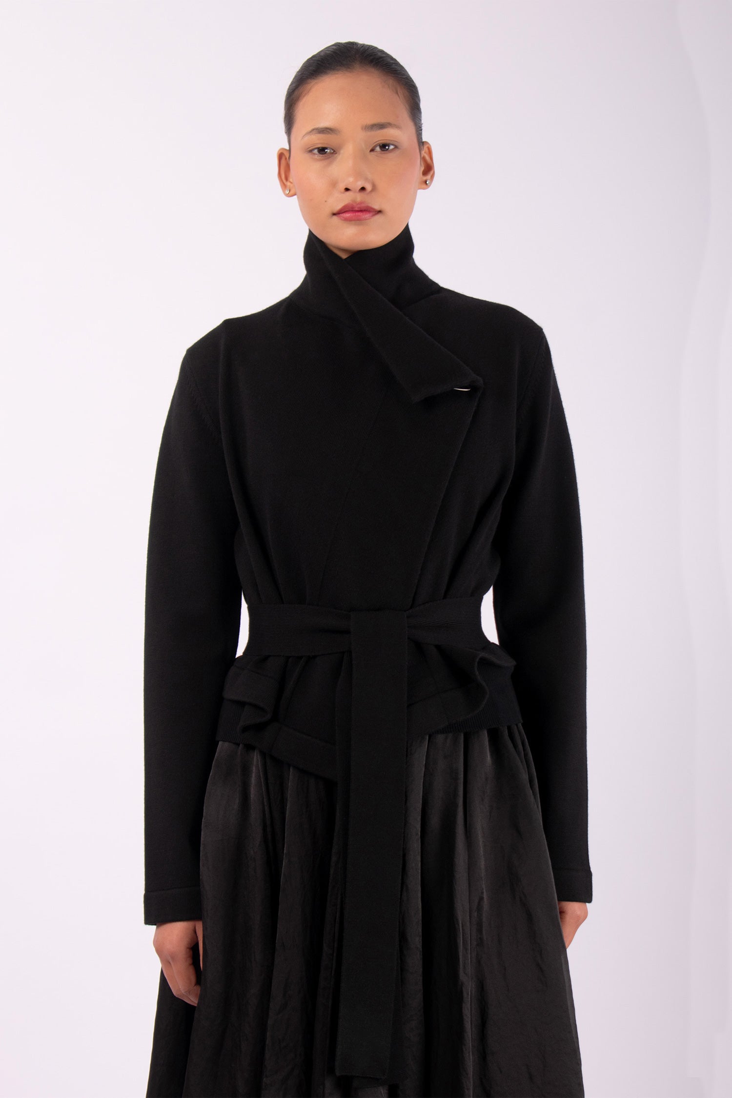 #1408 Draped Neck Jacket in Superfine Merino and Organic Cotton- Black — Lars Andersson hand-loomed knitwear