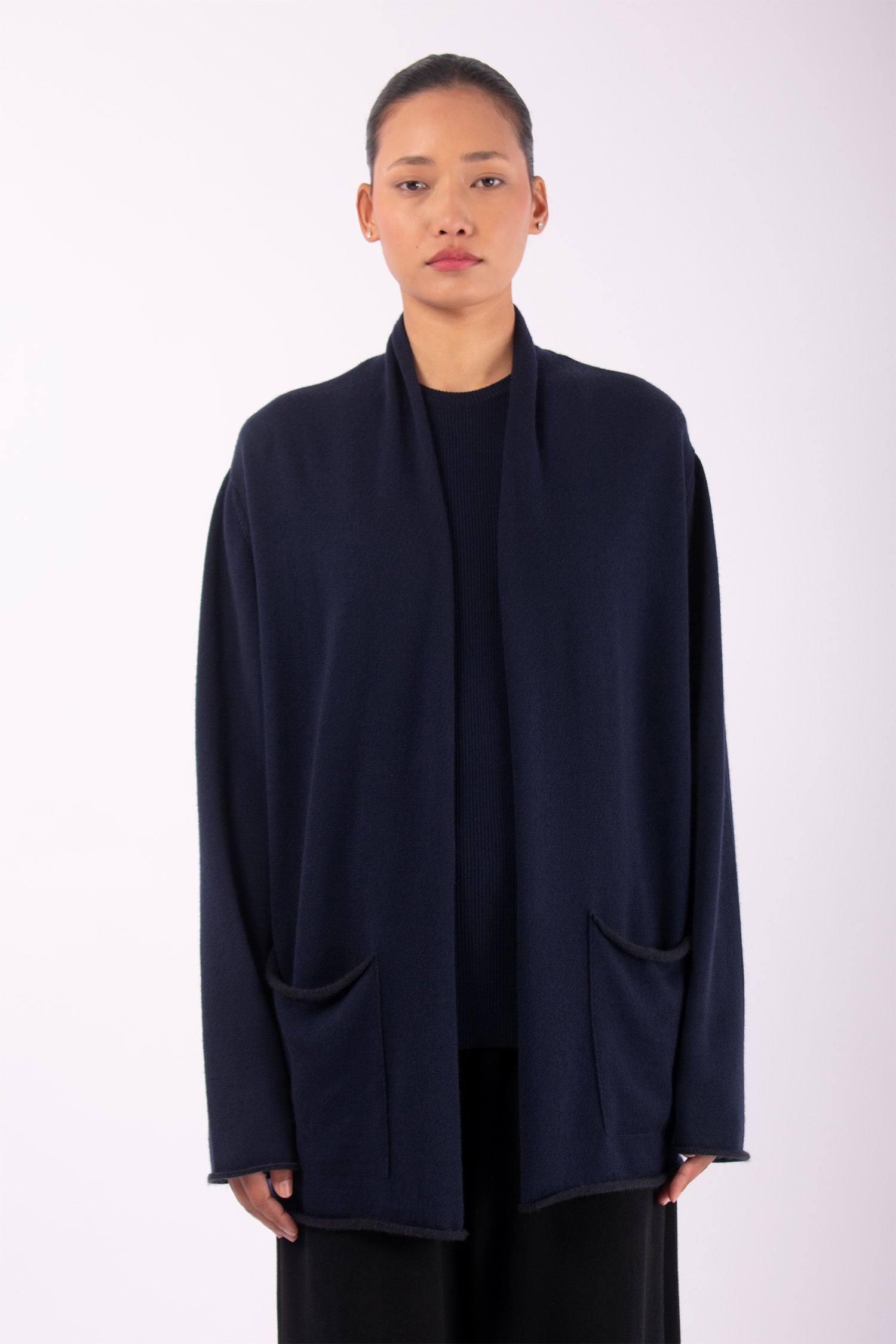 #1409 Shawl Collar Cardigan in Superfine Merino and Cashmere- Dark Blue — Lars Andersson hand-loomed knitwear
