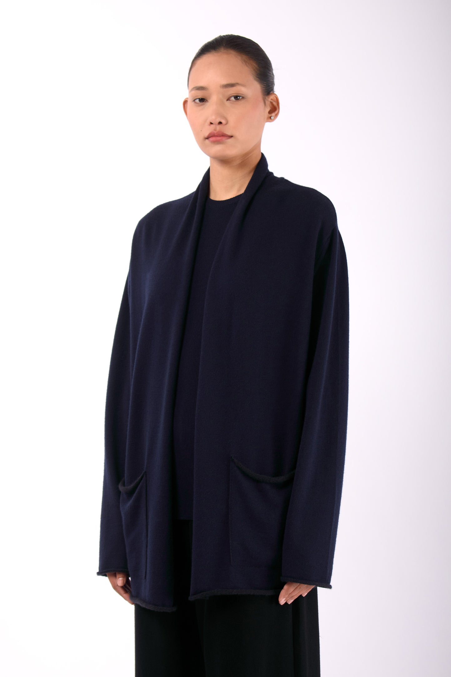 #1409 Shawl Collar Cardigan in Superfine Merino and Cashmere- Dark Blue — Lars Andersson, view 2