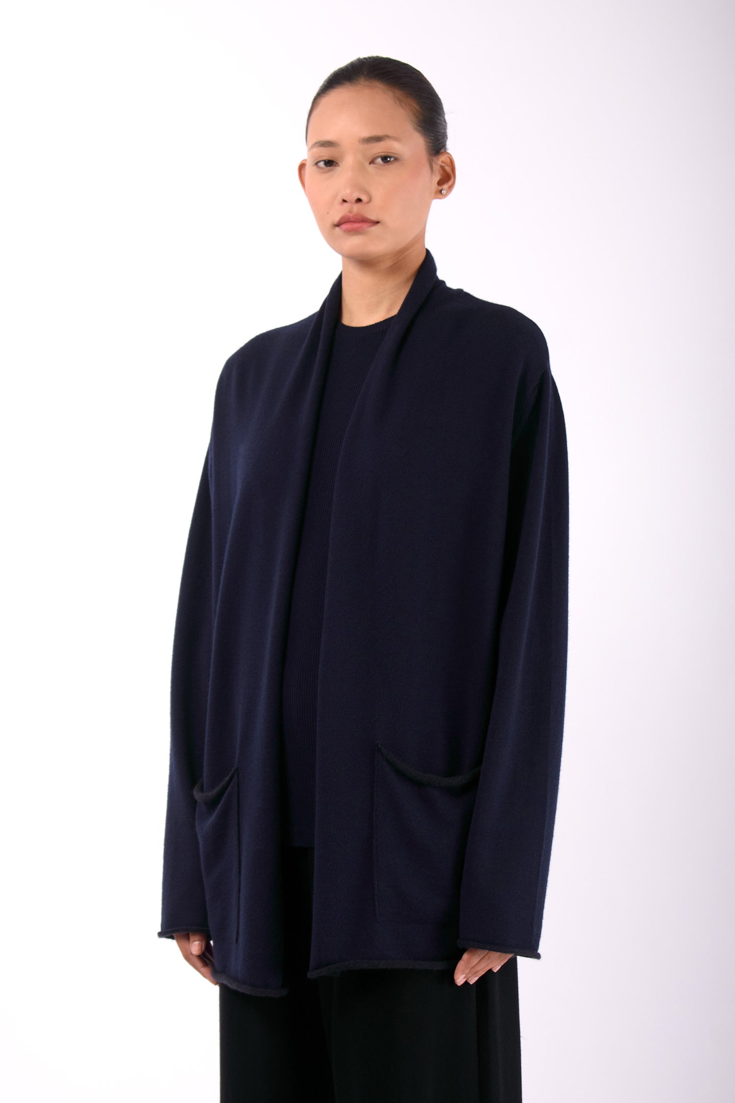 #1409 Shawl Collar Cardigan in Superfine Merino and Cashmere- Dark Blue — Lars Andersson, view 2