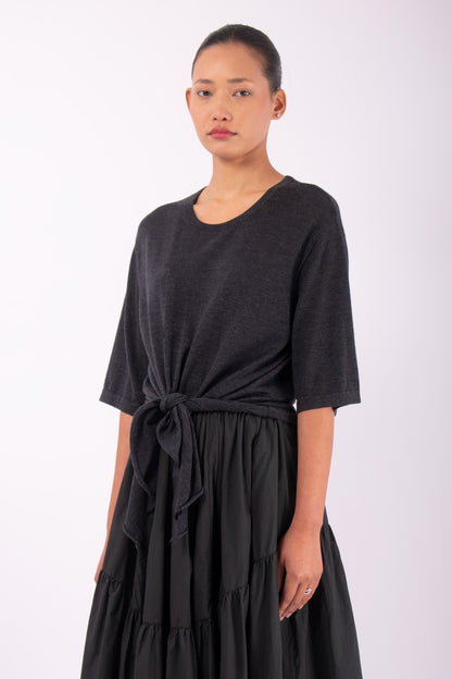 #1410 Oversize Short Sleeve Top With Tie Front in Superfine Merino- Graphite — Lars Andersson, view 2