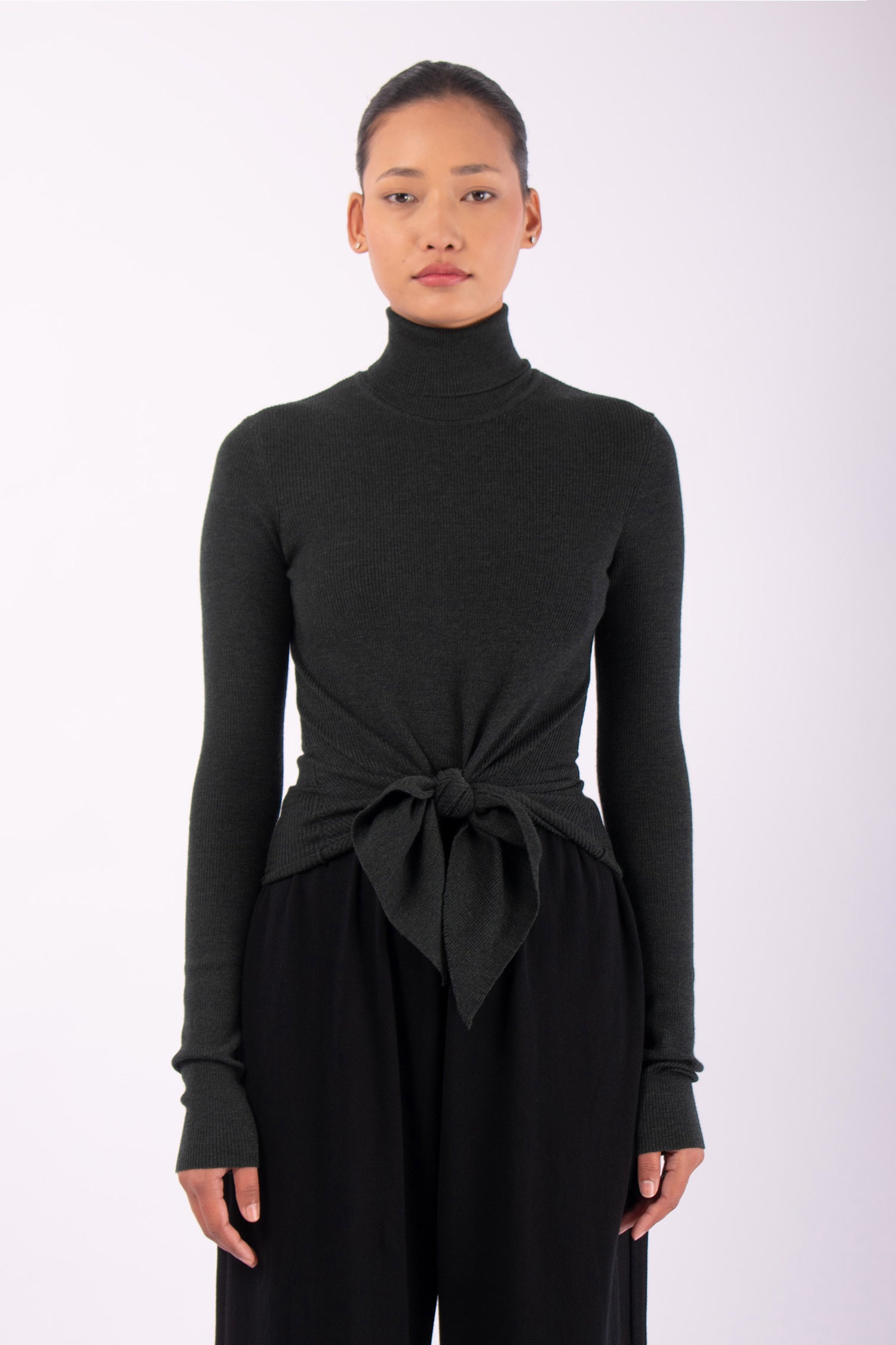 #1412 Long Sleeve Turtleneck With Tie Front in Superfine Merino- Dark Forest — Lars Andersson hand-loomed knitwear