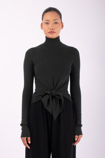 #1412 Long Sleeve Turtleneck With Tie Front in Superfine Merino- Dark Forest — Lars Andersson hand-loomed knitwear