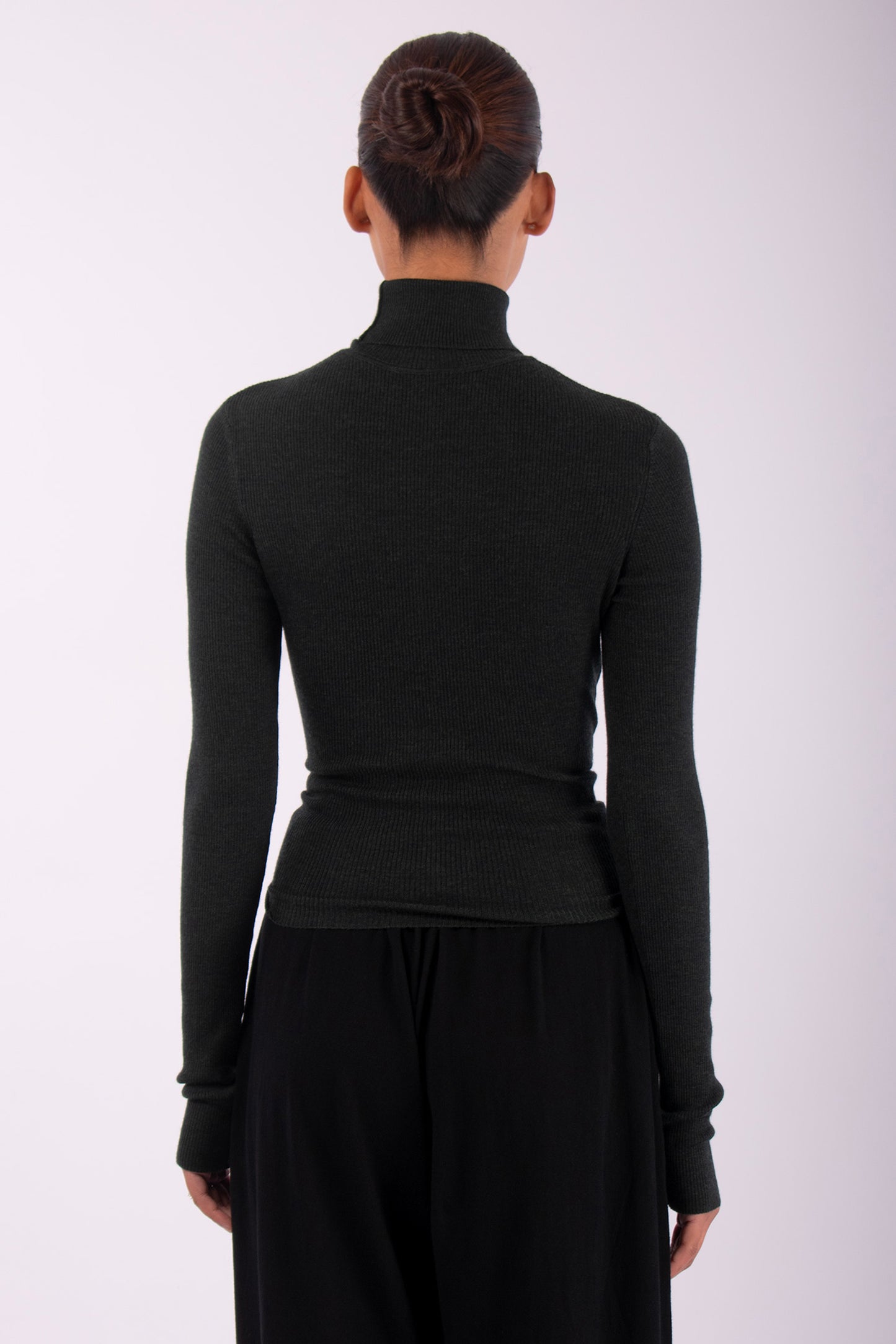 #1412 Long Sleeve Turtleneck With Tie Front in Superfine Merino- Dark Forest — Lars Andersson, view 3