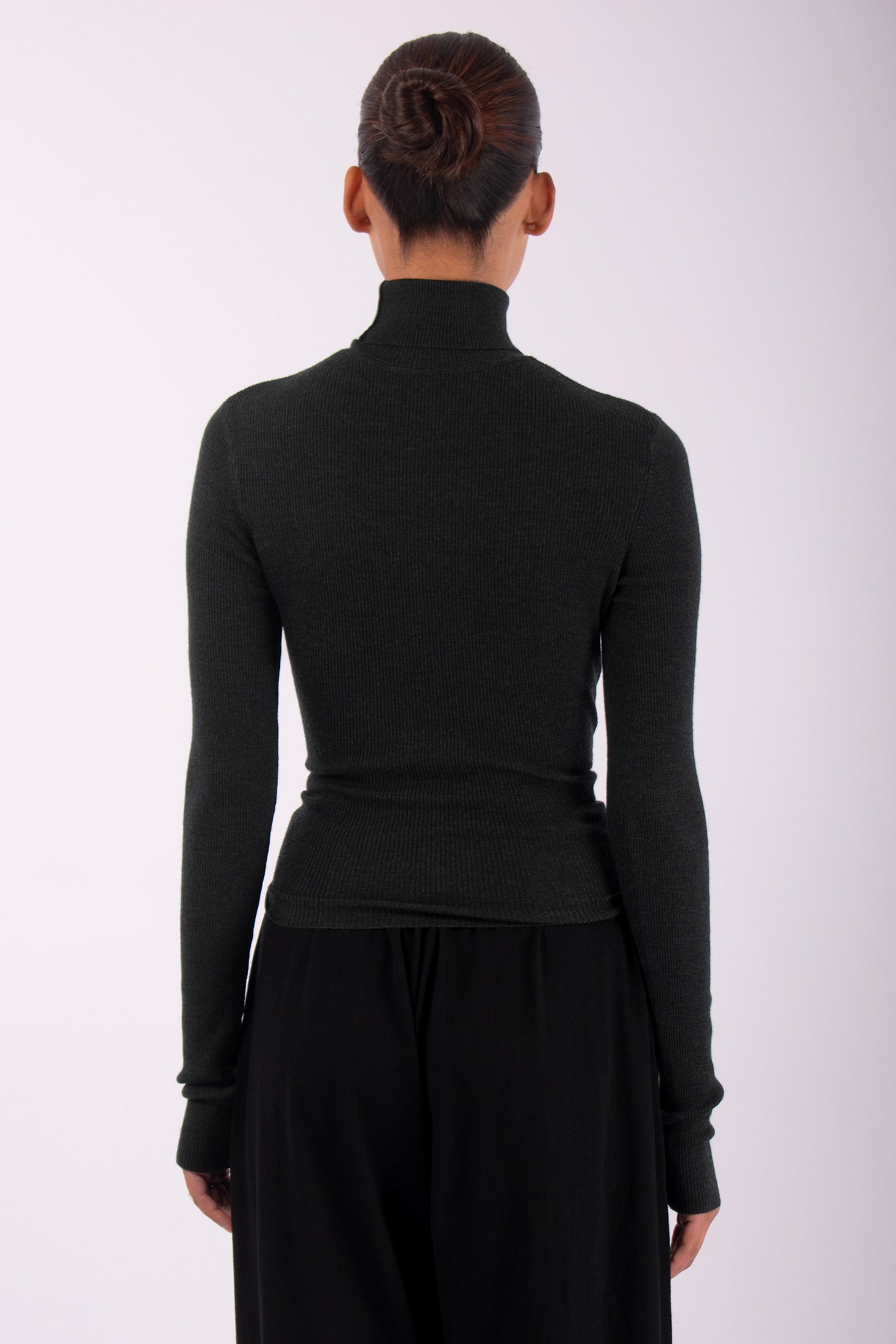 #1412 Long Sleeve Turtleneck With Tie Front in Superfine Merino- Dark Forest — Lars Andersson, view 3