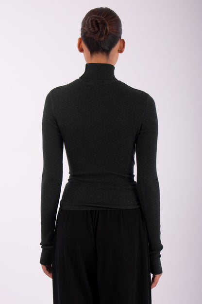#1412 Long Sleeve Turtleneck With Tie Front in Superfine Merino- Dark Forest — Lars Andersson, view 3