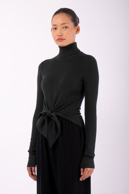 #1412 Long Sleeve Turtleneck With Tie Front in Superfine Merino- Dark Forest — Lars Andersson, view 2