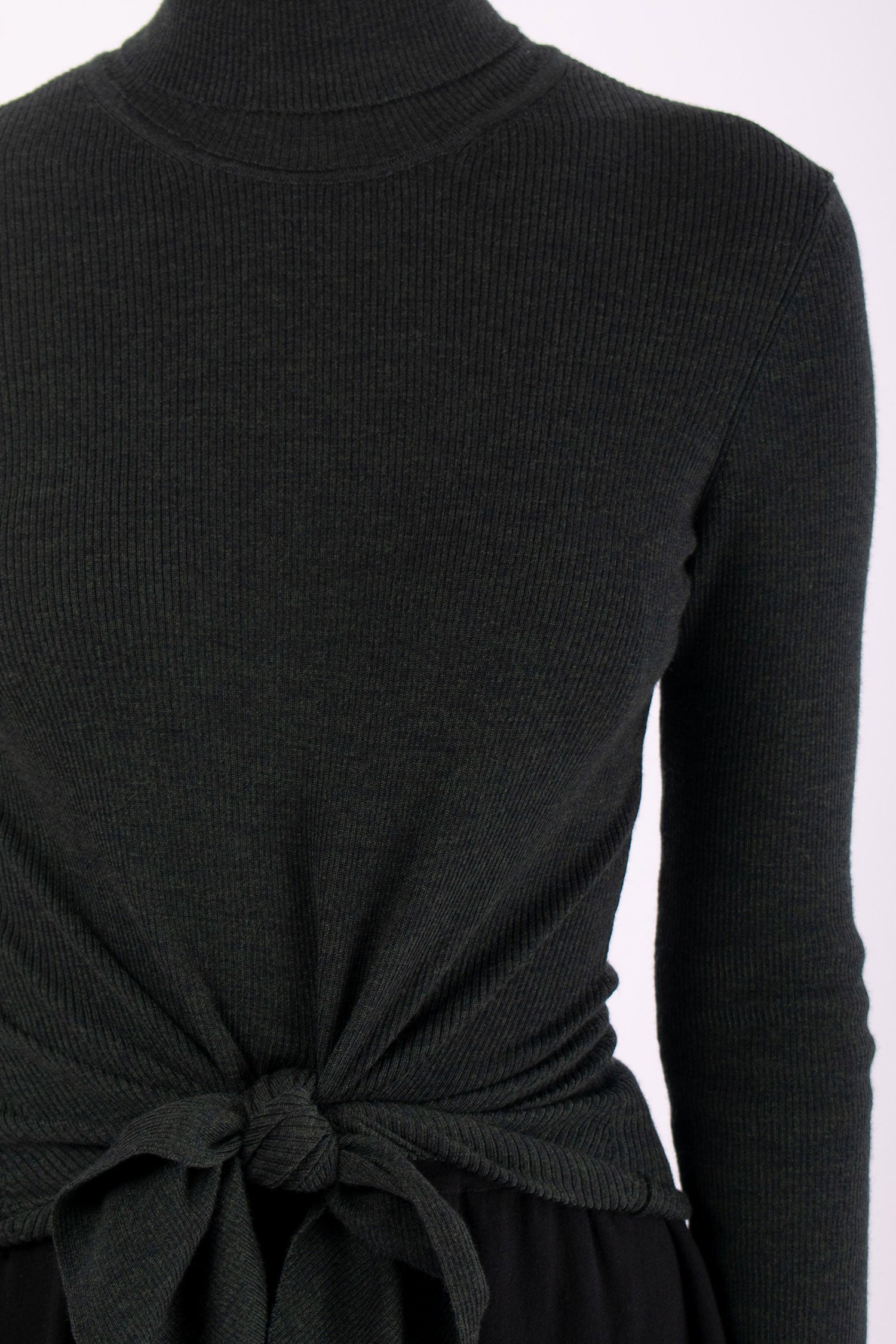 #1412 Long Sleeve Turtleneck With Tie Front in Superfine Merino- Dark Forest — Lars Andersson, view 4