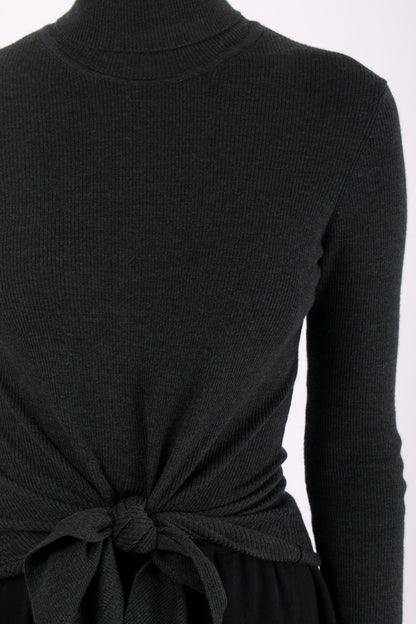 #1412 Long Sleeve Turtleneck With Tie Front in Superfine Merino- Dark Forest — Lars Andersson, view 4