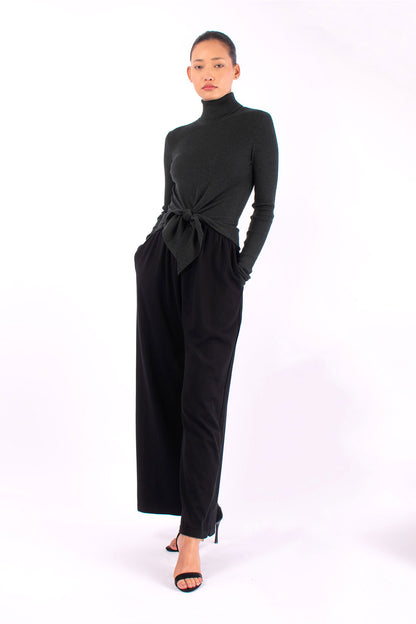 #1412 Long Sleeve Turtleneck With Tie Front in Superfine Merino- Dark Forest — Lars Andersson, view 5