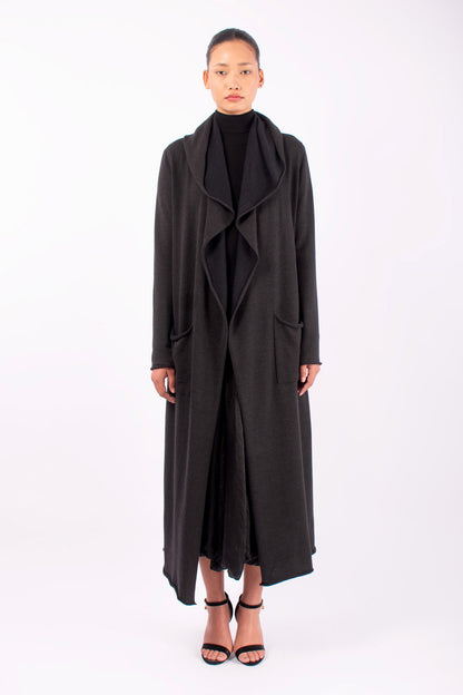 #1416 Hooded Long Coat in Superfine Merino and Cashmere- Dark Brown — Lars Andersson hand-loomed knitwear