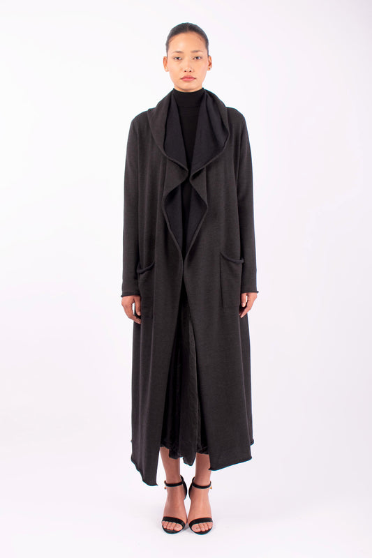 #1416 Hooded Long Coat in Superfine Merino and Cashmere- Dark Brown — Lars Andersson hand-loomed knitwear
