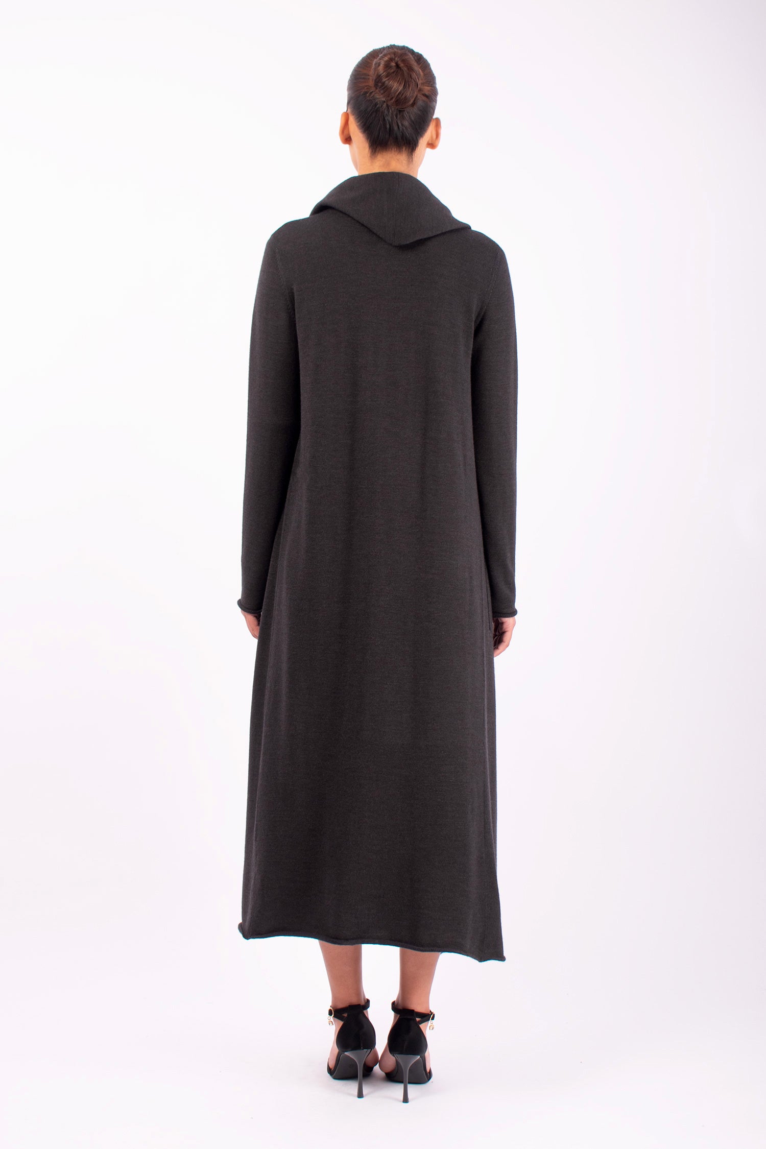 #1416 Hooded Long Coat in Superfine Merino and Cashmere- Dark Brown — Lars Andersson, view 3