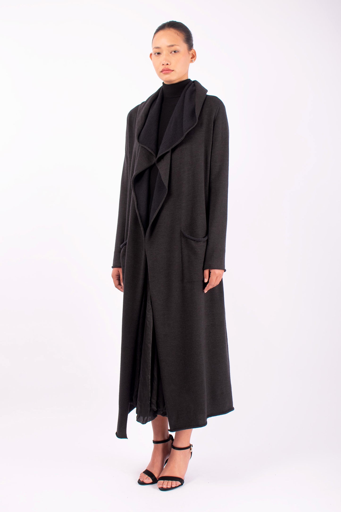 #1416 Hooded Long Coat in Superfine Merino and Cashmere- Dark Brown — Lars Andersson, view 2