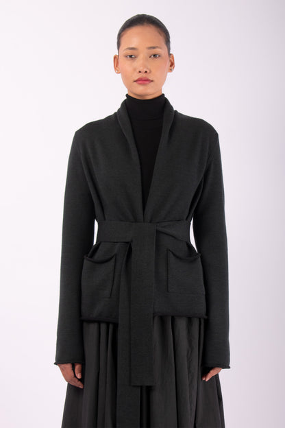 #1419 Shawl Collar Cardigan in Superfine Merino and Organic Cotton- Black Forest — Lars Andersson hand-loomed knitwear