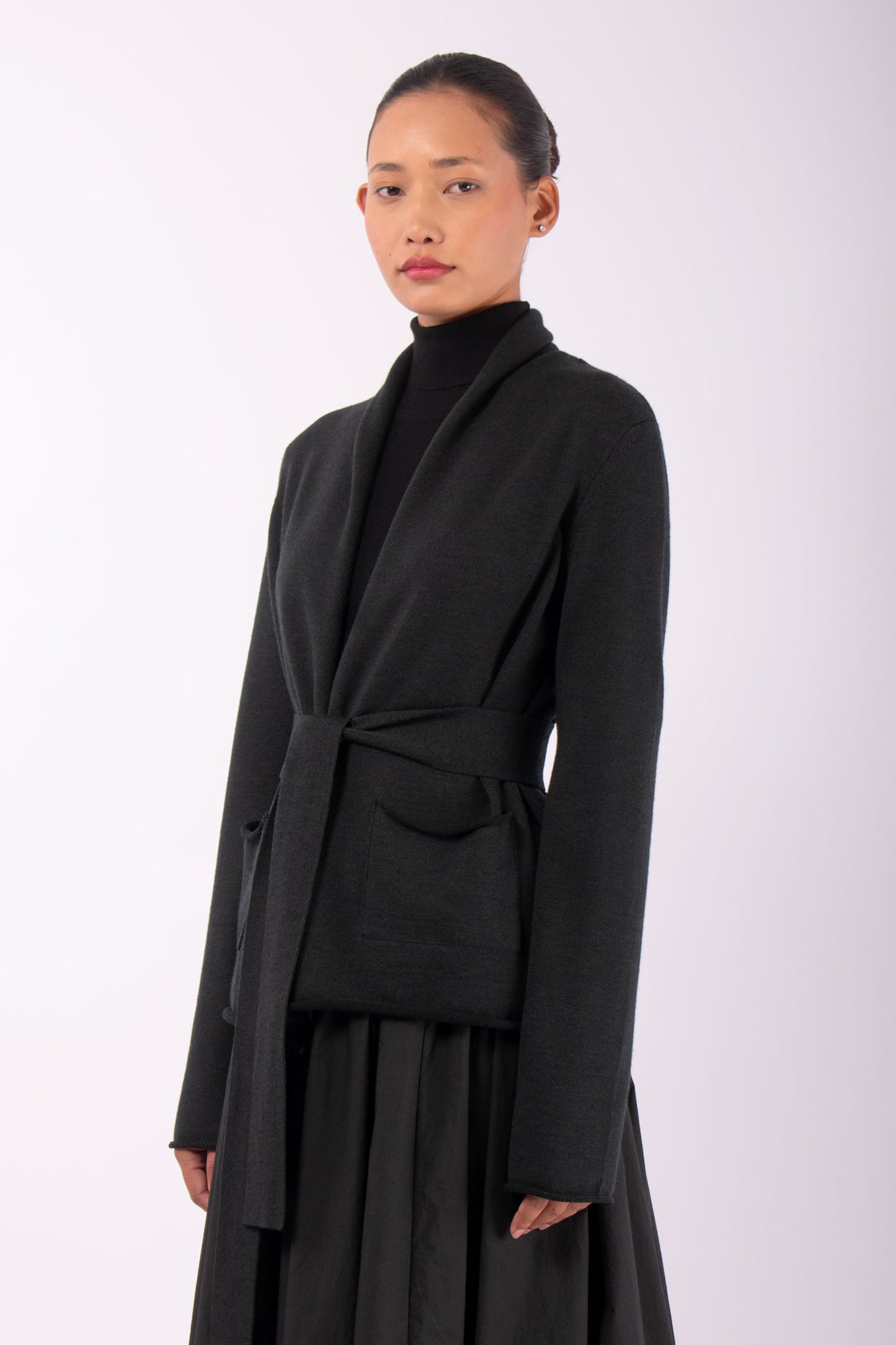 #1419 Shawl Collar Cardigan in Superfine Merino and Organic Cotton- Black Forest — Lars Andersson, view 2