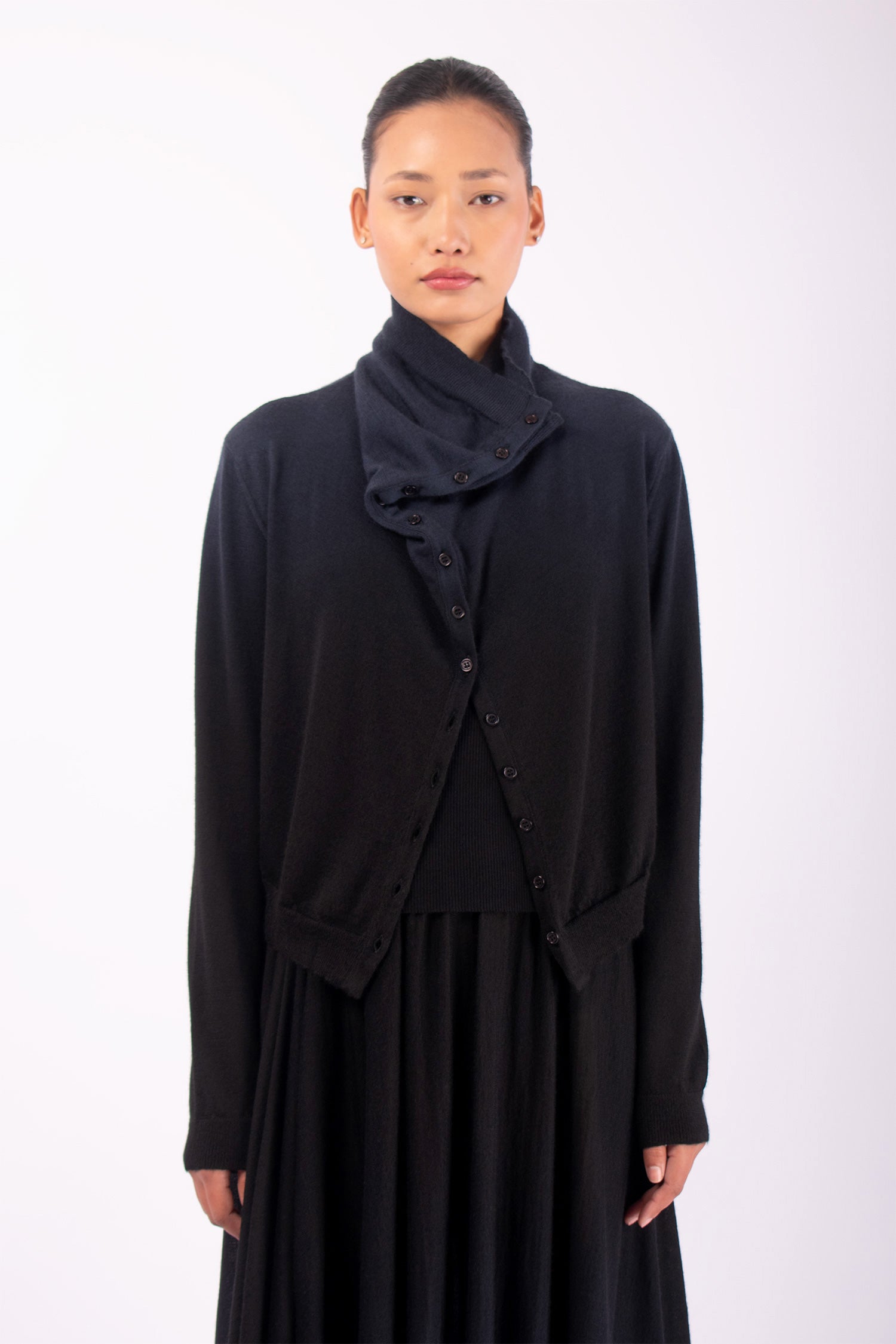 #1420 Draped-Neck Cardigan in Superfine merino and Cashmere- Dark Space Ombre — Lars Andersson hand-loomed knitwear