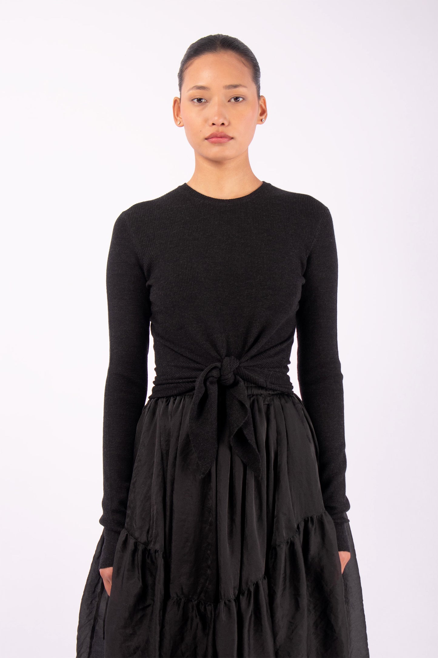 #1424 Long Sleeve Crewneck With Tie Front in Superfine Merino- Charcoal — Lars Andersson hand-loomed knitwear