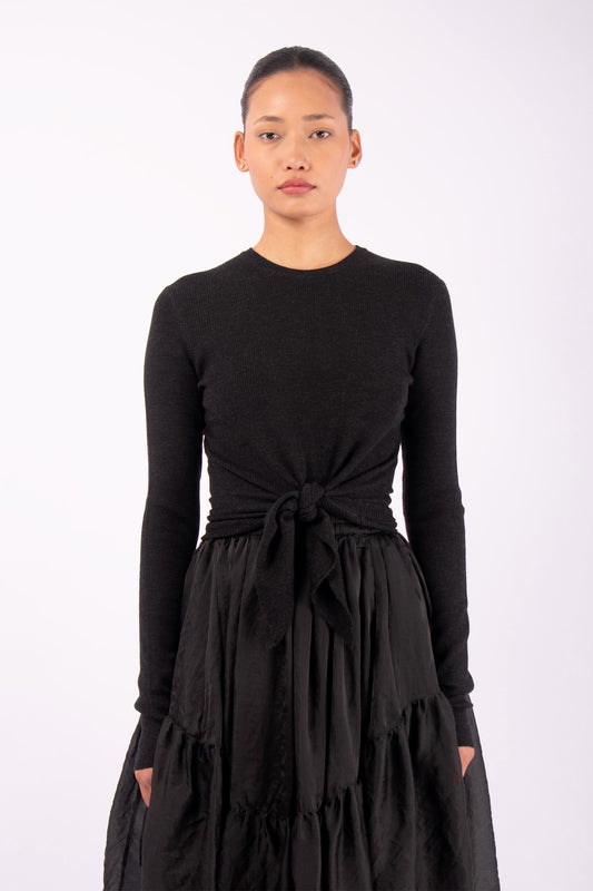 #1424 Long Sleeve Crewneck With Tie Front in Superfine Merino- Charcoal — Lars Andersson hand-loomed knitwear