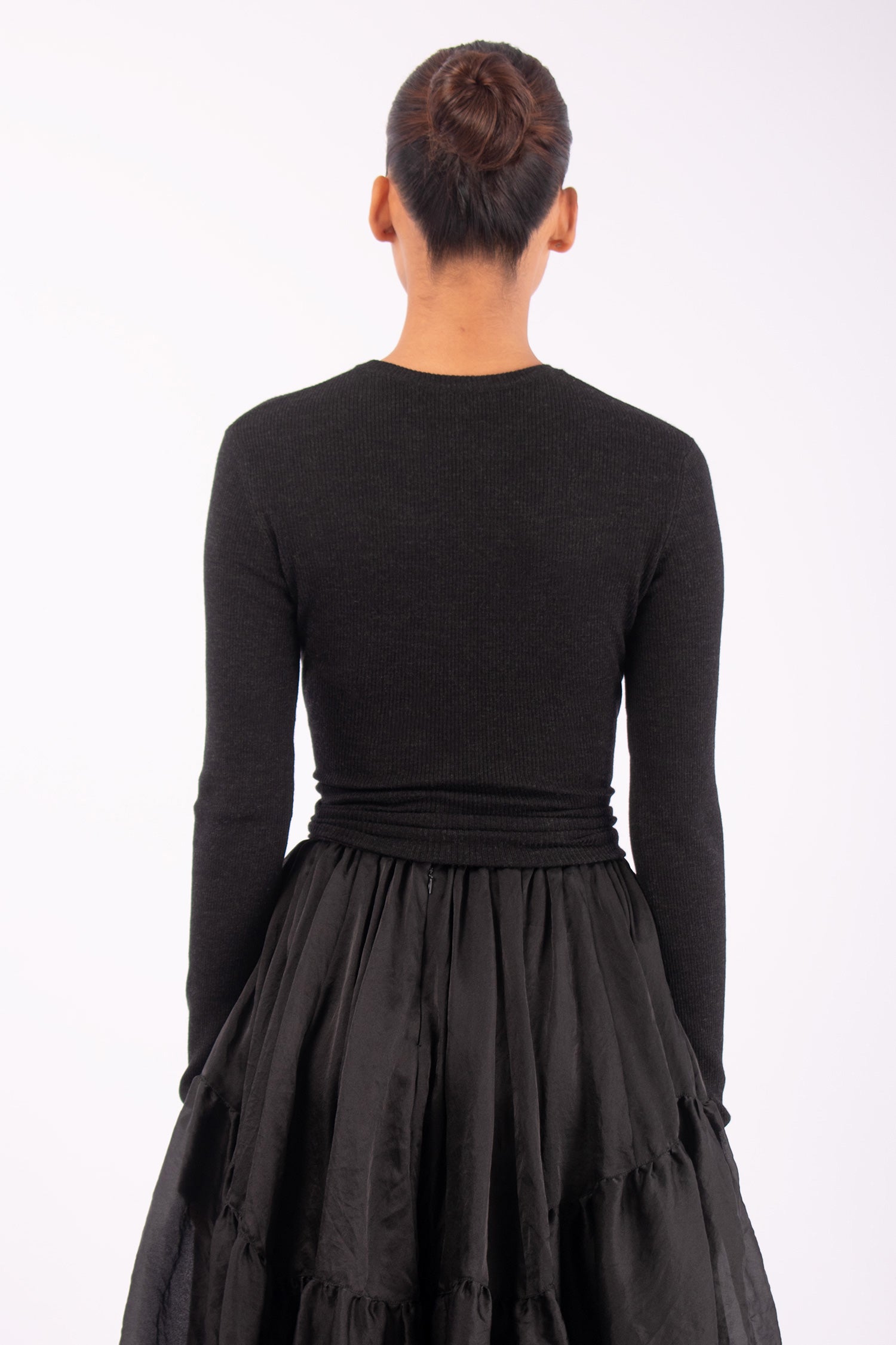 #1424 Long Sleeve Crewneck With Tie Front in Superfine Merino- Charcoal — Lars Andersson, view 3