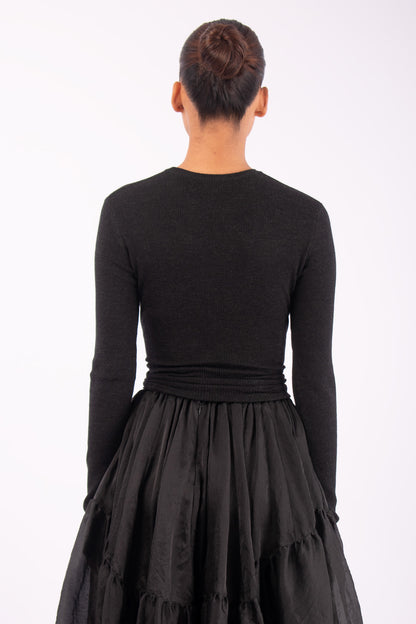 #1424 Long Sleeve Crewneck With Tie Front in Superfine Merino- Charcoal — Lars Andersson, view 3