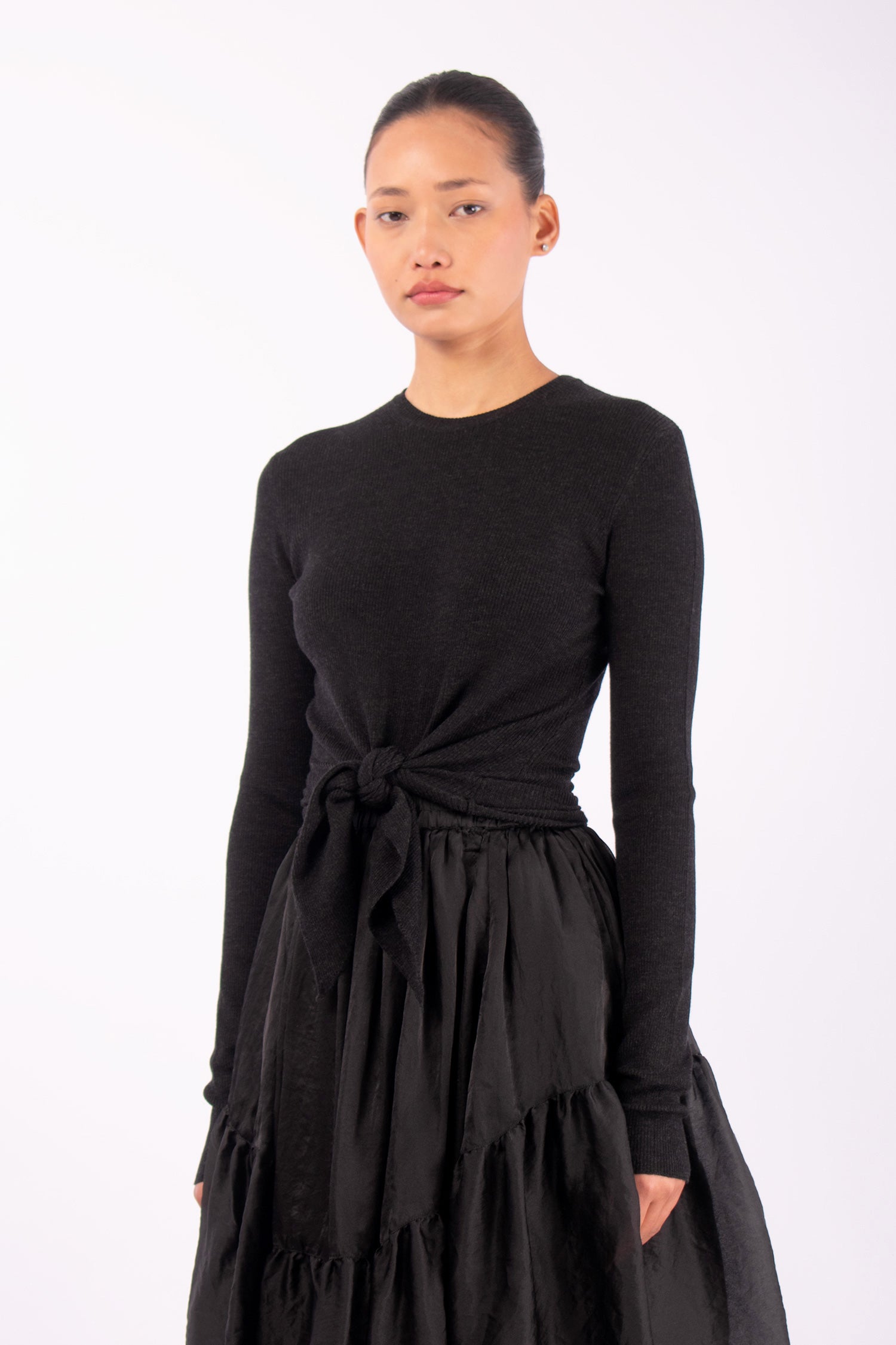 #1424 Long Sleeve Crewneck With Tie Front in Superfine Merino- Charcoal — Lars Andersson, view 2
