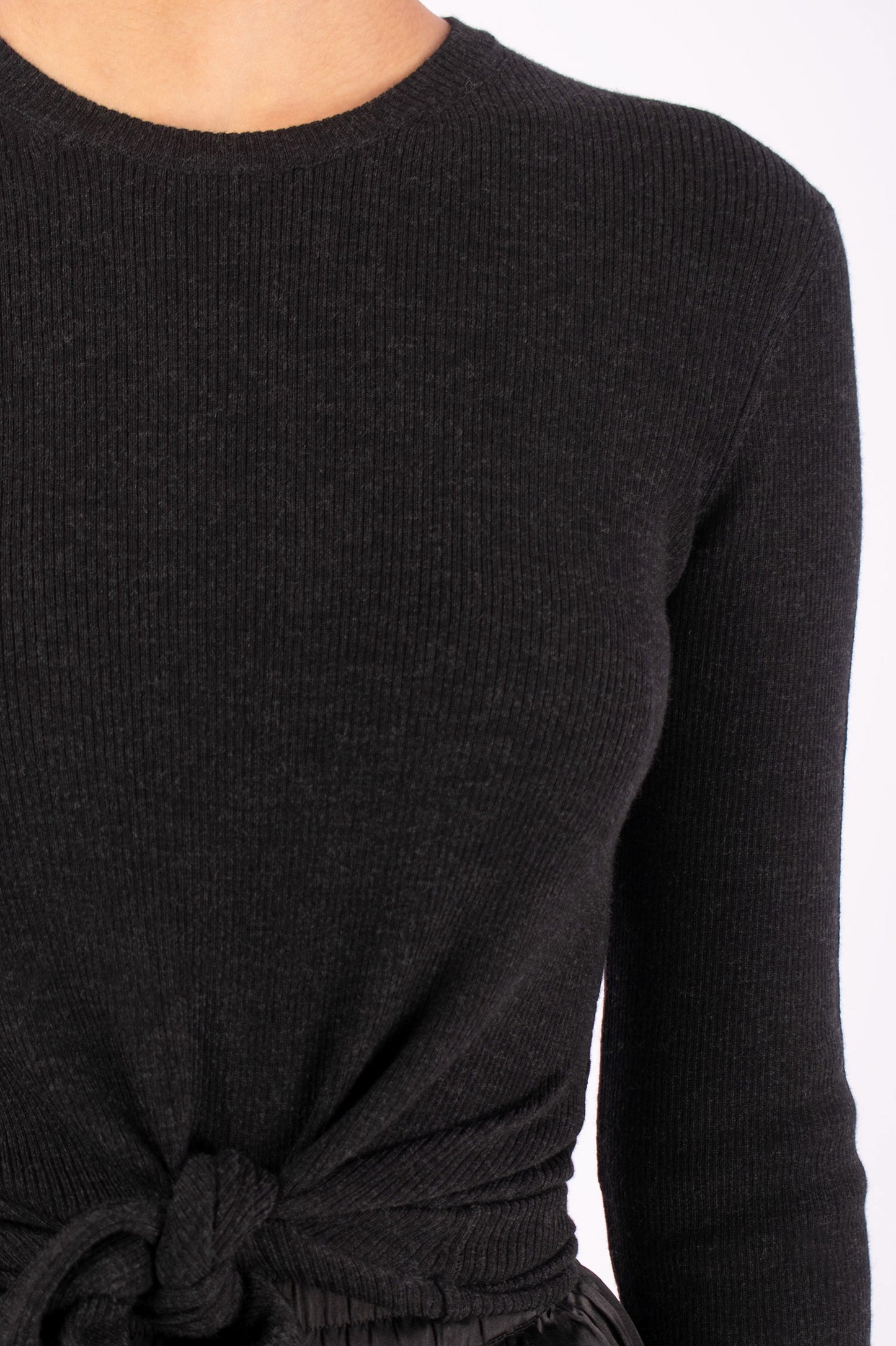#1424 Long Sleeve Crewneck With Tie Front in Superfine Merino- Charcoal — Lars Andersson, view 4