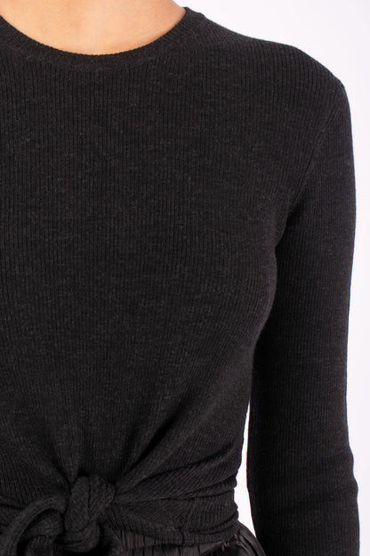 #1424 Long Sleeve Crewneck With Tie Front in Superfine Merino- Charcoal — Lars Andersson, view 4