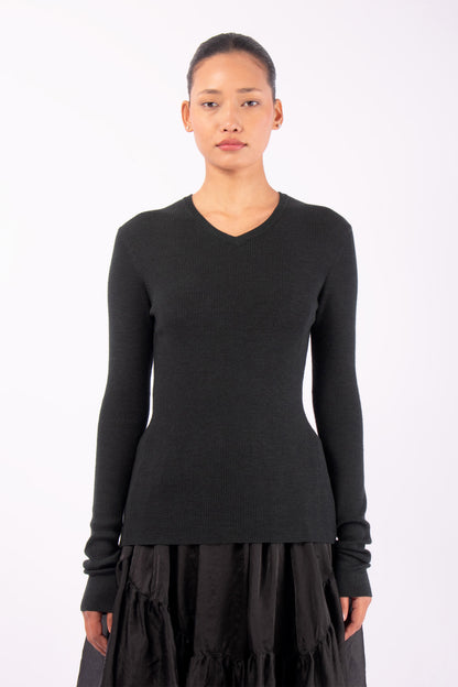 #1431 Long Sleeve High V-Neck in Superfine Merino- Dark Forest — Lars Andersson hand-loomed knitwear