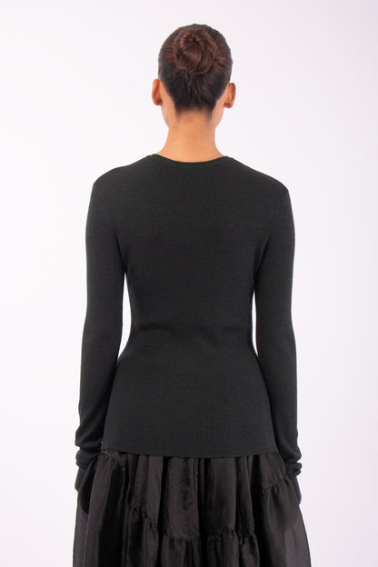 #1431 Long Sleeve High V-Neck in Superfine Merino- Dark Forest — Lars Andersson, view 3