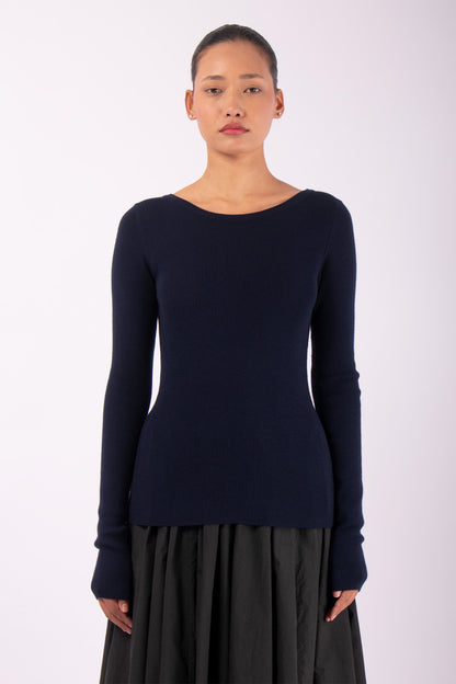 #1432 Long Sleeve Boatneck in Superfine Merino- Dark Blue