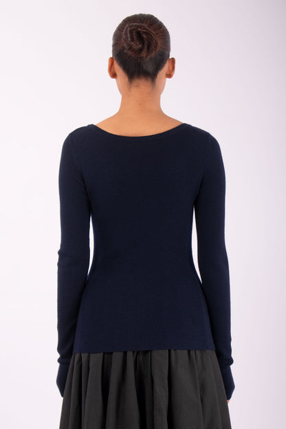 #1432 Long Sleeve Boatneck in Superfine Merino- Dark Blue