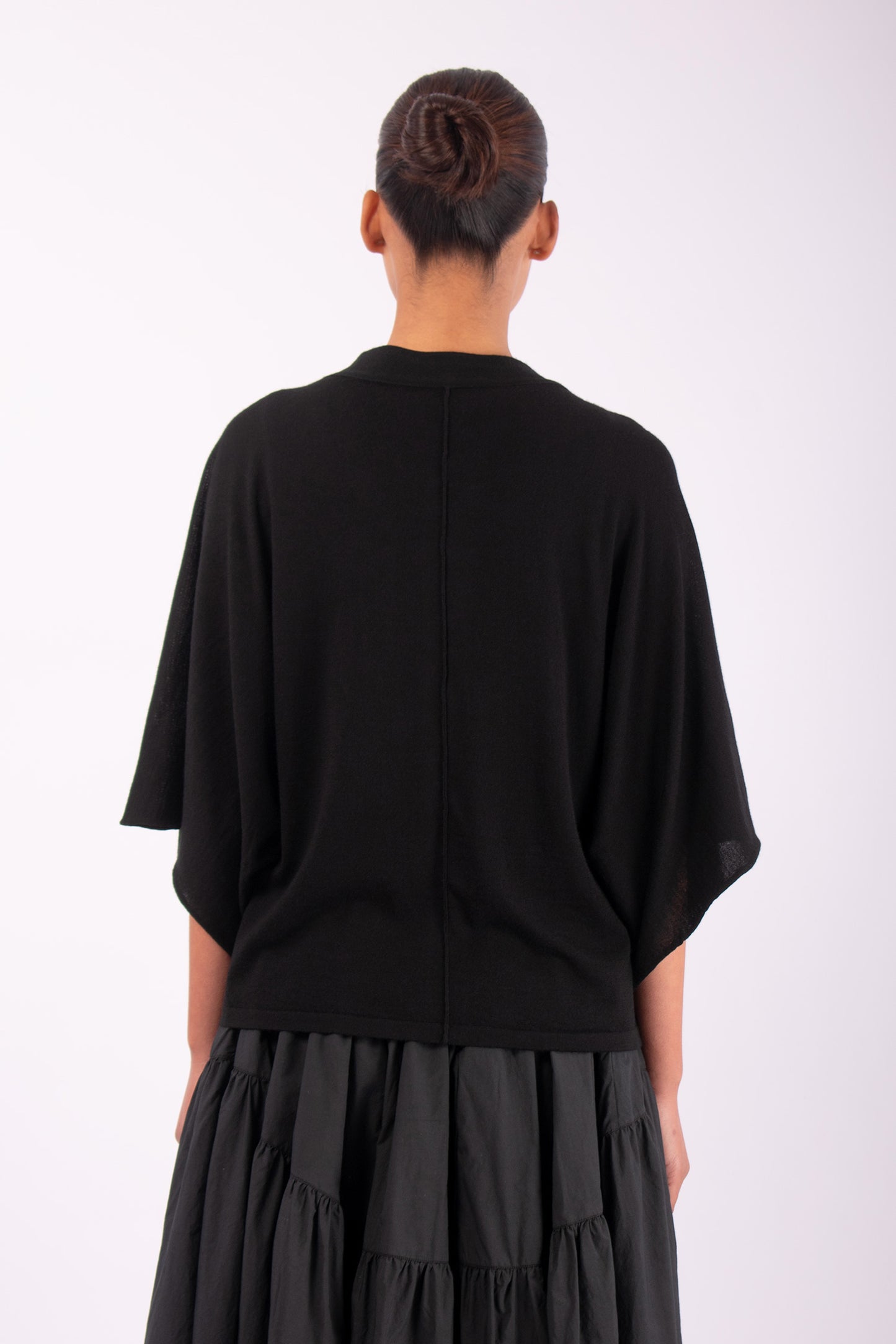 #1436 Wing Sleeve Cardigan With Tie in Superfine Merino- Black — Lars Andersson, view 3