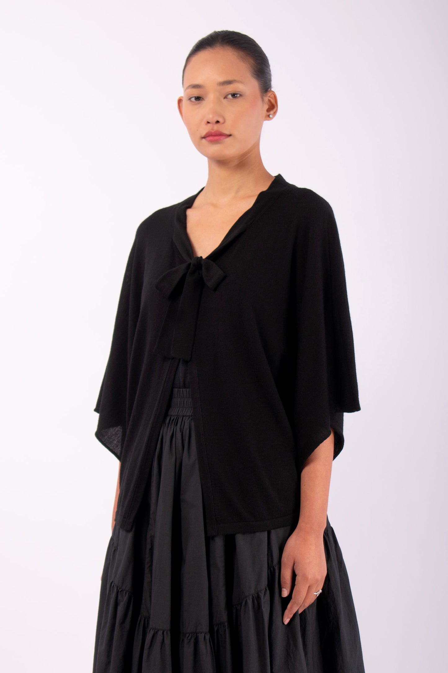 #1436 Wing Sleeve Cardigan With Tie in Superfine Merino- Black — Lars Andersson, view 2