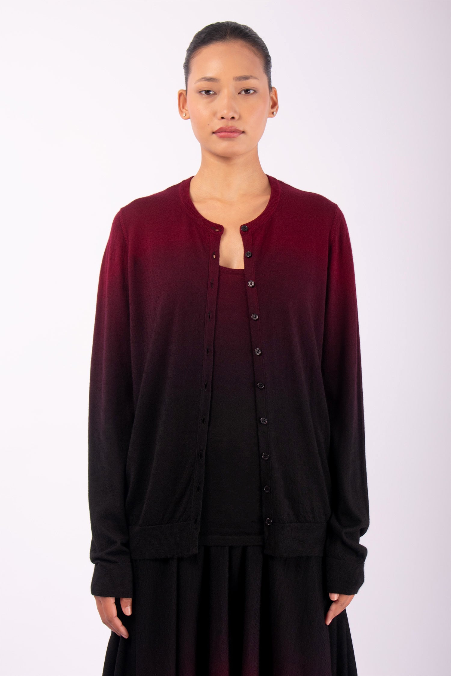 #1443 Cardigan in Superfine Merino- Maroon Ombre — Lars Andersson hand-loomed knitwear