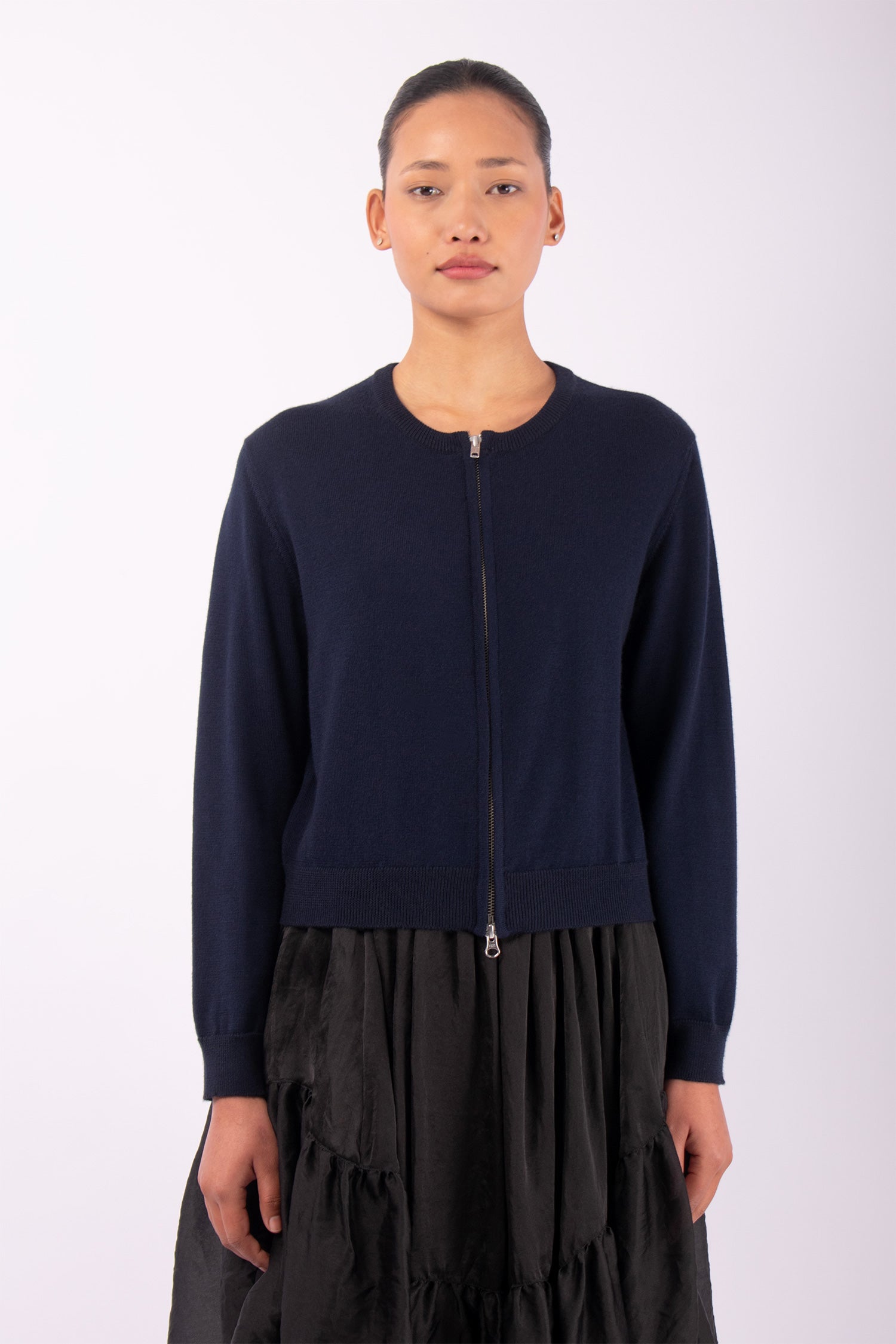 #1446 Cropped Zip Cardigan in Superfine merino and Cashmere-Dark Blue — Lars Andersson hand-loomed knitwear