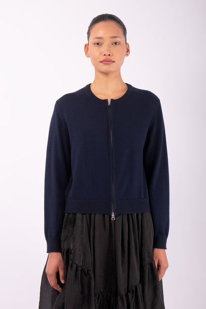 #1446 Cropped Zip Cardigan in Superfine merino and Cashmere-Dark Blue — Lars Andersson hand-loomed knitwear