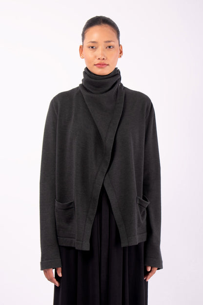 #1448 Draped Collar Cardigan in Superfine Merino and Cashmere- Dark Brown Green — Lars Andersson hand-loomed knitwear