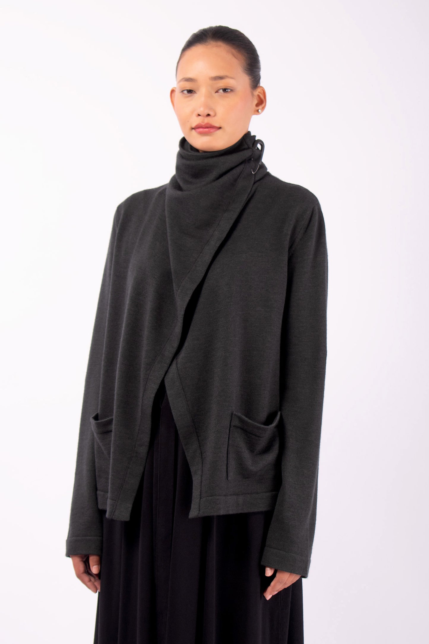 #1448 Draped Collar Cardigan in Superfine Merino and Cashmere- Dark Brown Green — Lars Andersson, view 2