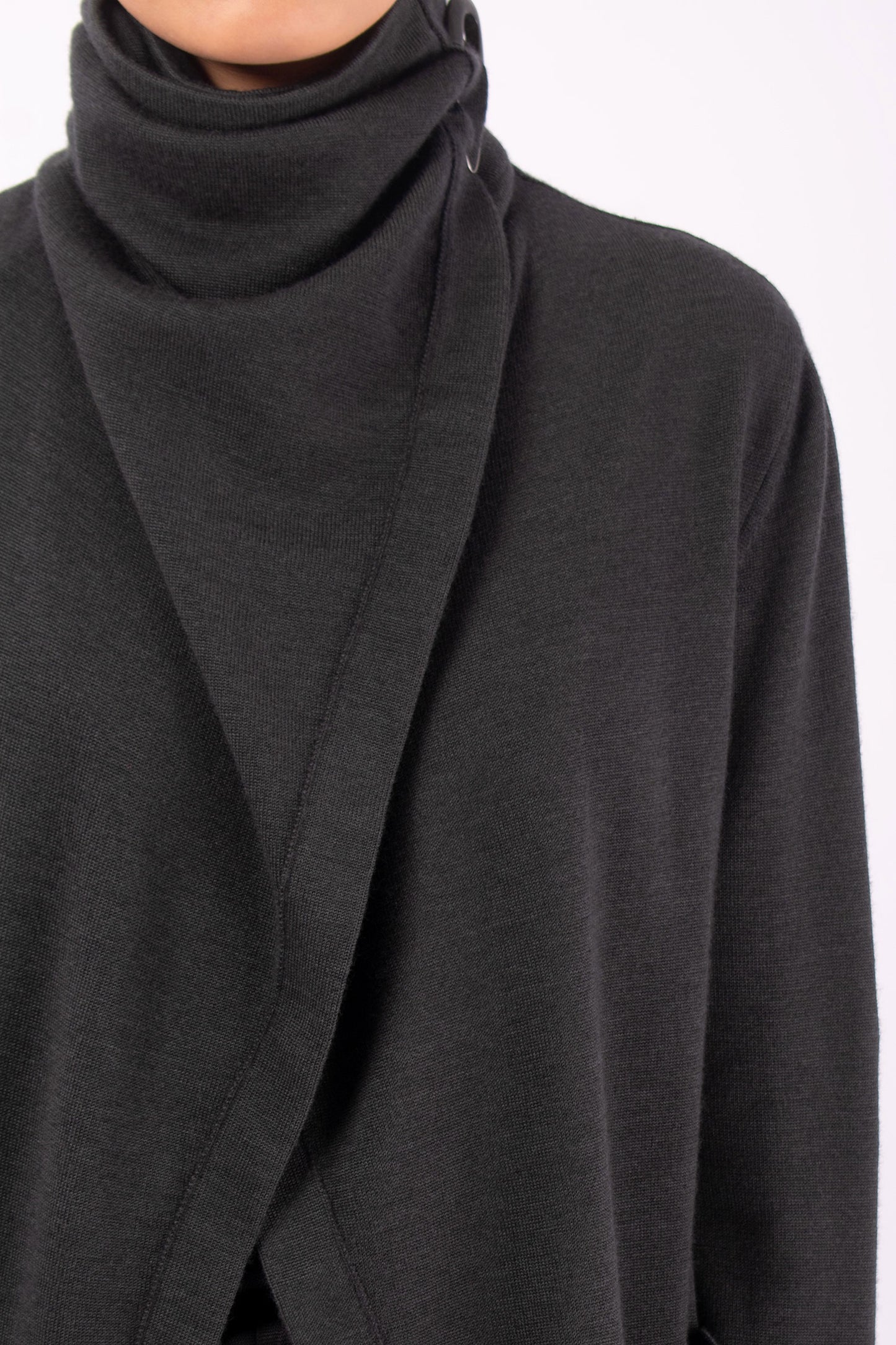#1448 Draped Collar Cardigan in Superfine Merino and Cashmere- Dark Brown Green — Lars Andersson, view 4