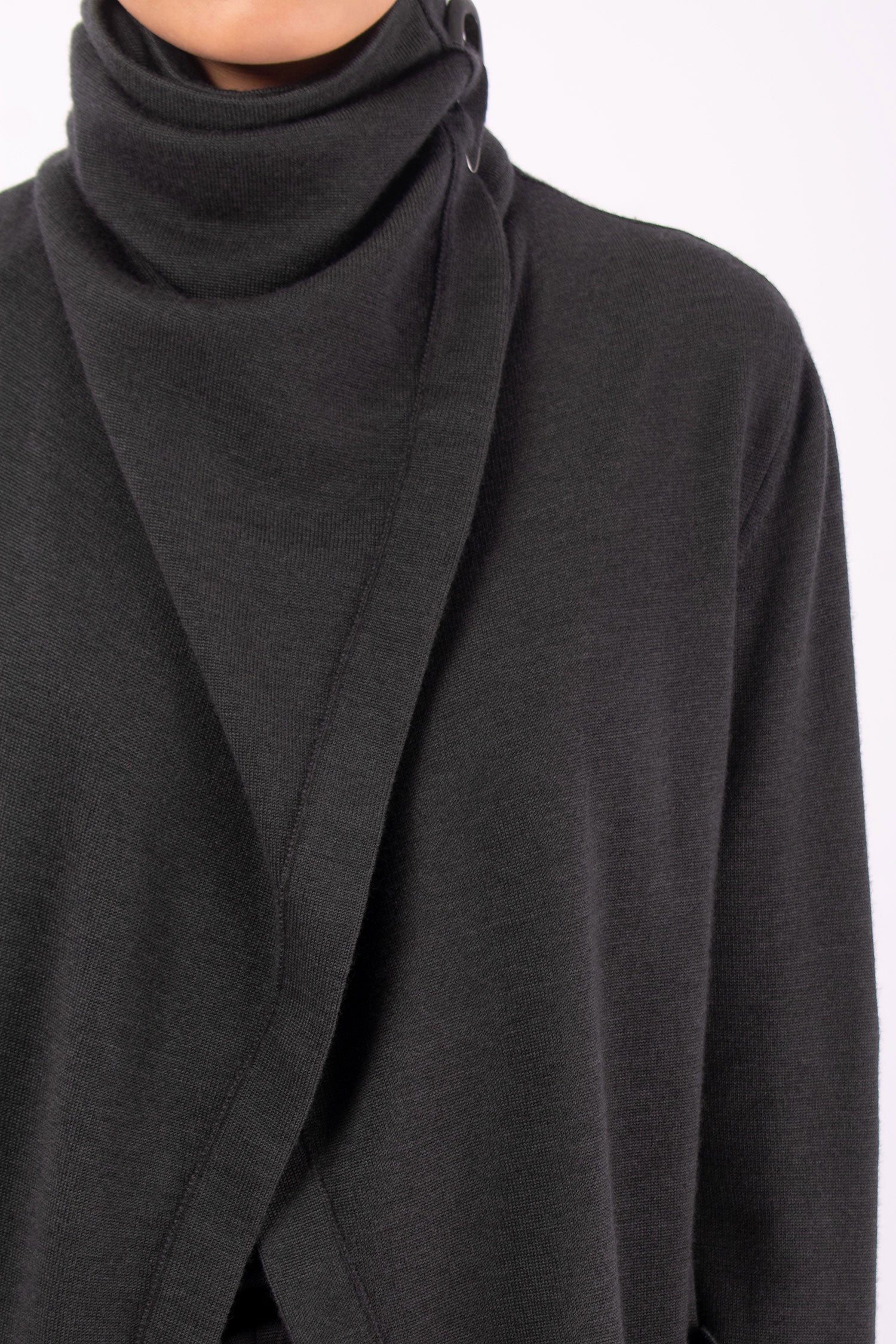 #1448 Draped Collar Cardigan in Superfine Merino and Cashmere- Dark Brown Green — Lars Andersson, view 4