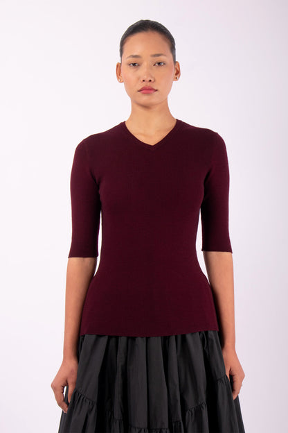 #1452 Short Sleeve High V-Neck in Superfine Merino- Burgundy — Lars Andersson hand-loomed knitwear