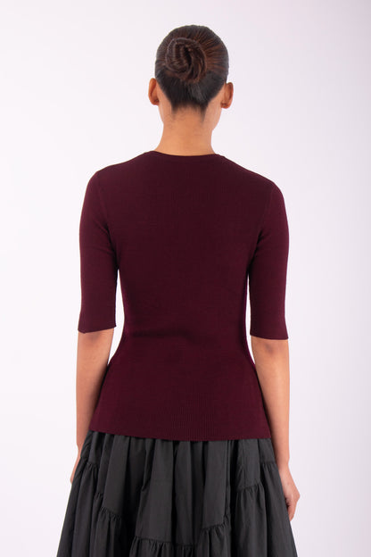 #1452 Short Sleeve High V-Neck in Superfine Merino- Burgundy — Lars Andersson, view 3